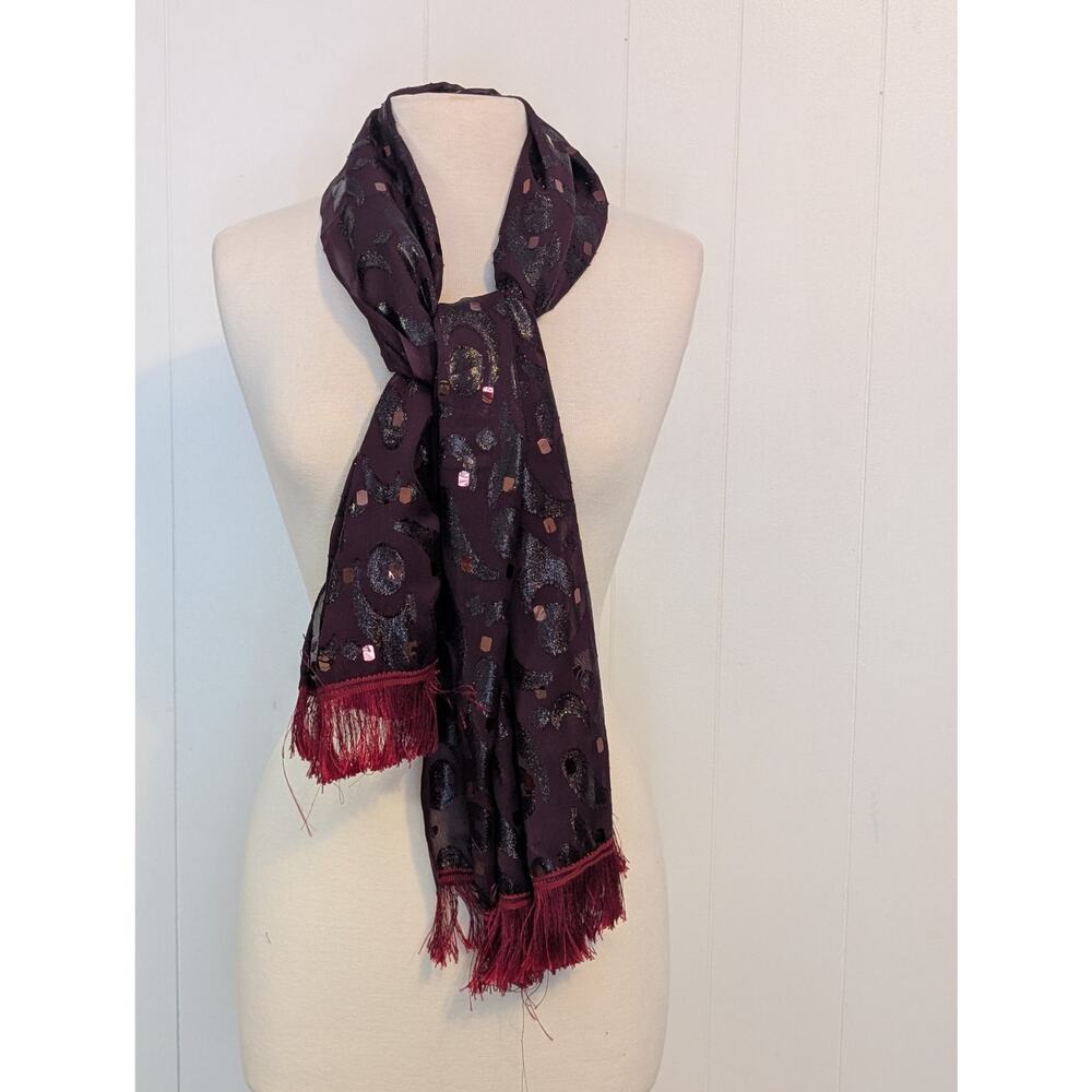 Vtg Womens Chiffon Scarf Burgundy Purple Paisley Sequins Embellished Red Fringe